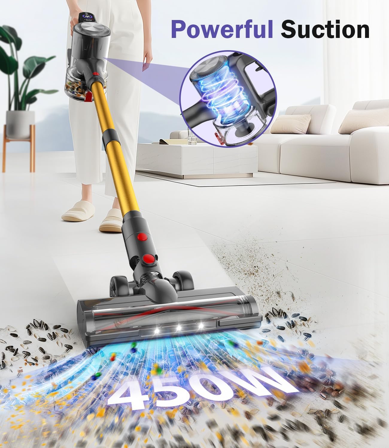 45Mins Cordless Vacuum Cleaners for Home with LED Display and Wall-mounted Charging