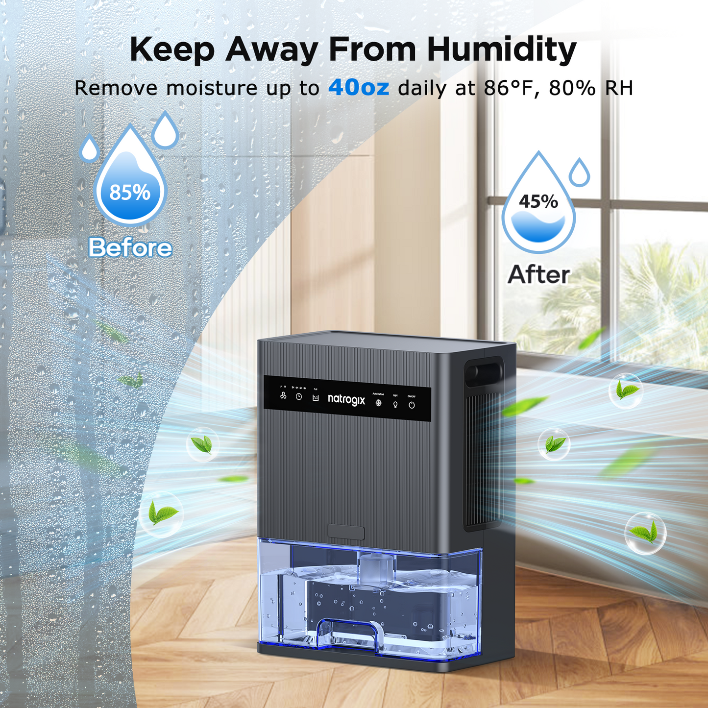 Natrogix CS3 Quiet Dehumidifier for 1000 sq. ft. with 106 OZ Water Tank, Auto Shut Off, Timer, Sleep Mode, 7 Color Light, Gray